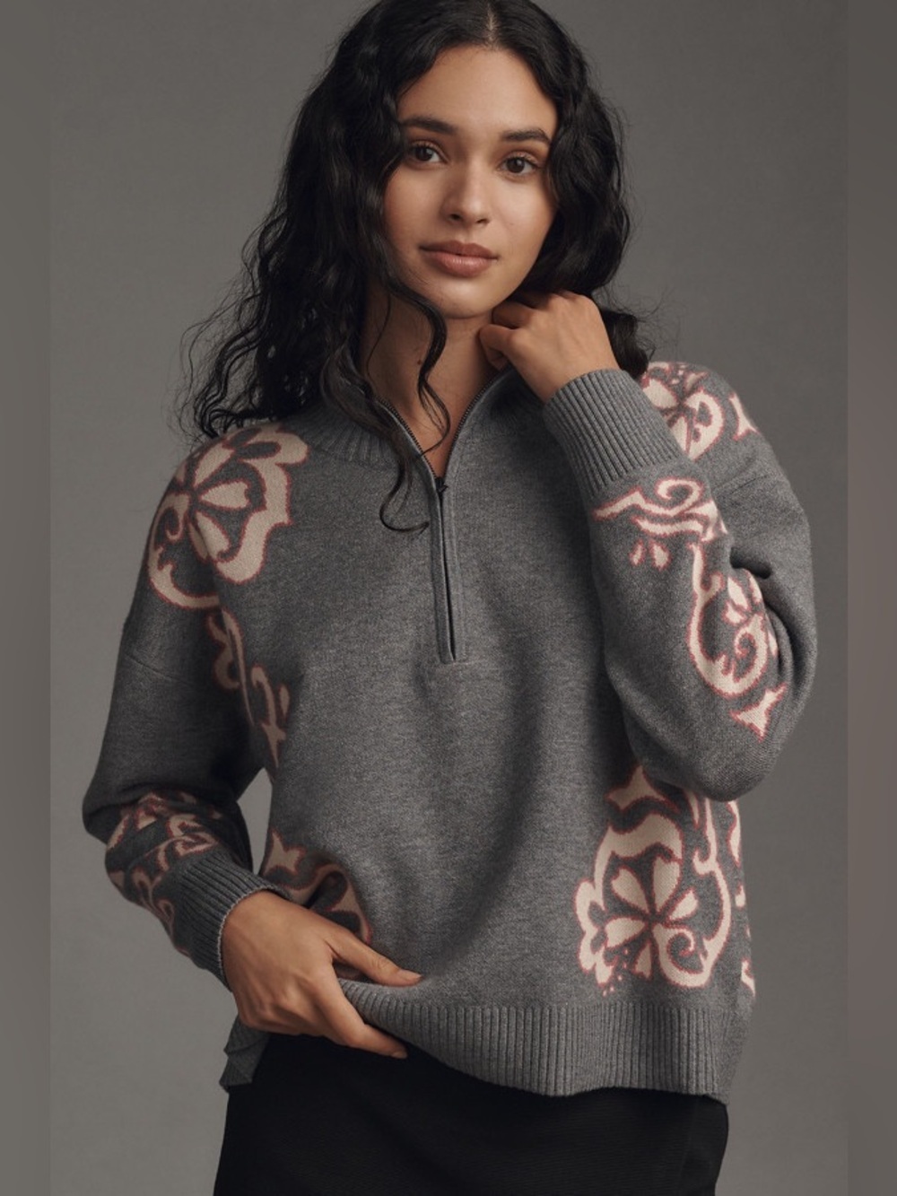Maeve Anthropologie Montana Mock Neck Half Zip Sweater Gray Floral Small